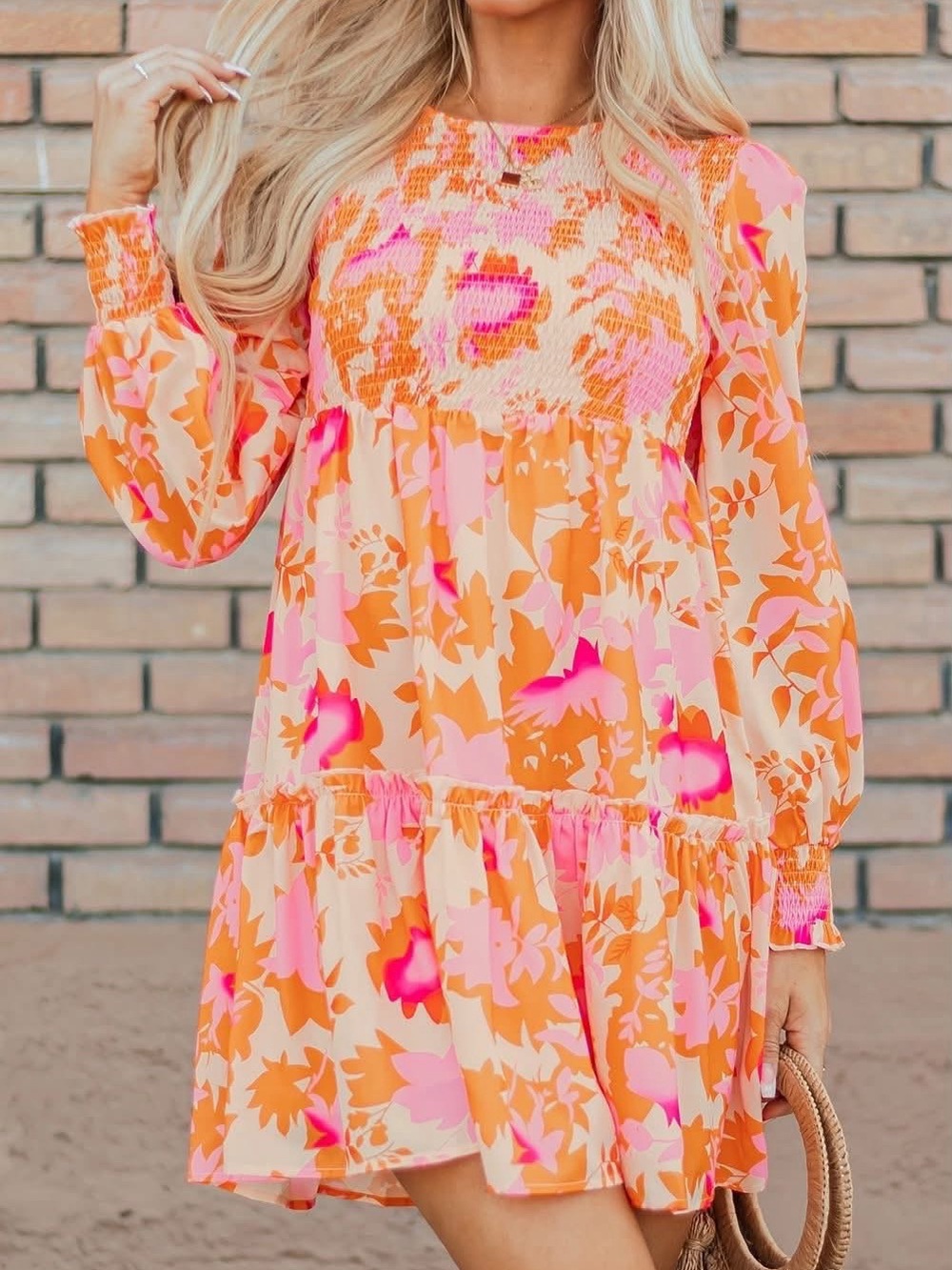 Smocked Floral Mini Dress in Pink & Orange